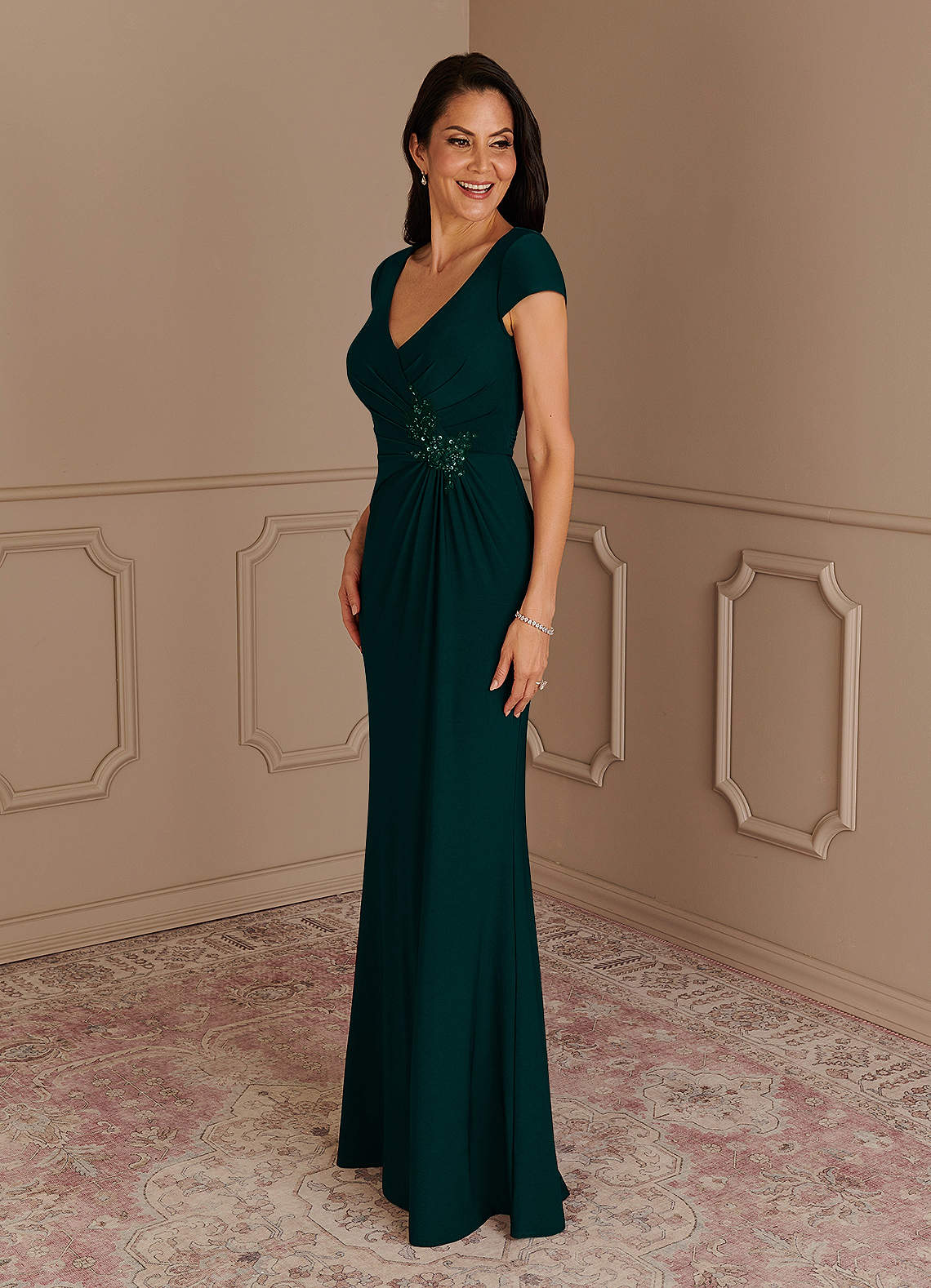 Azazie Marybeth Pine Dark Green Mermaid V-Neck Sequins Lace Dress | Azazie