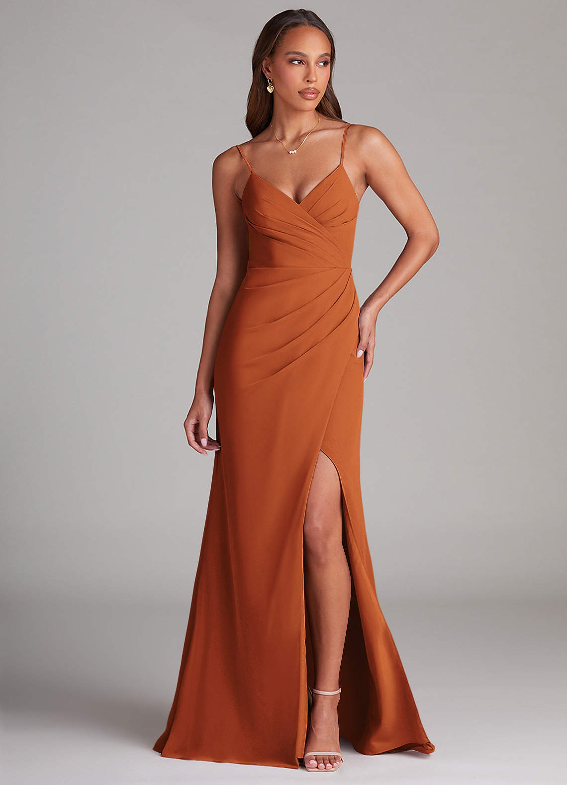 Azazie Maci Bridesmaid Dresses Cinnamon Sheath Pleated Chiffon Dress image1