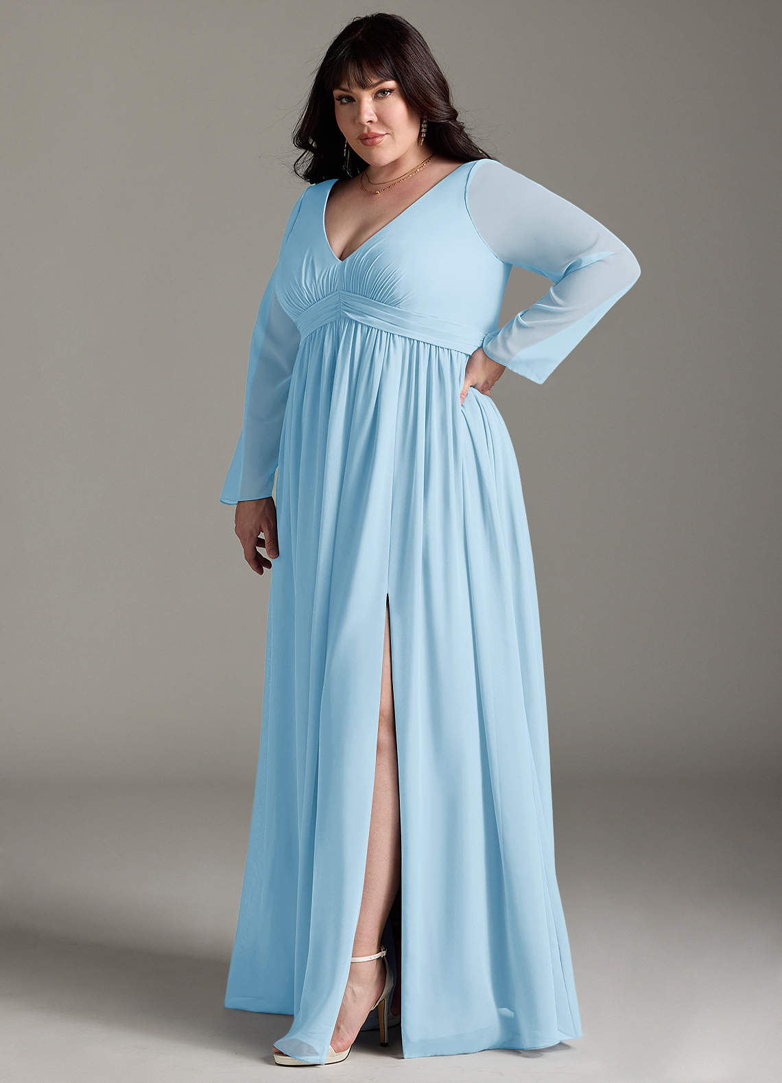 light blue long sleeve bridesmaid dress Azazie Norah