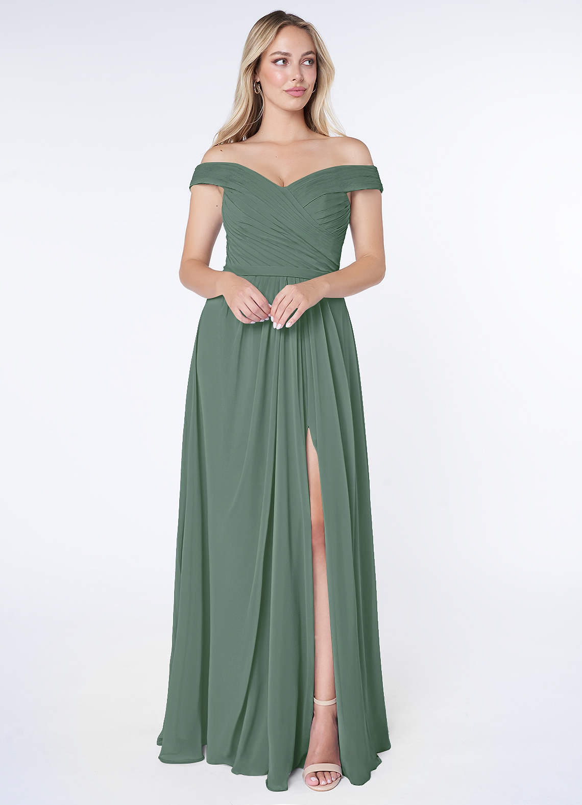 Azazie Audrianna Bridesmaid Dresses Eucalyptus A-Line Off-The-Shoulder Gathered Chiffon Convertible Dress image1