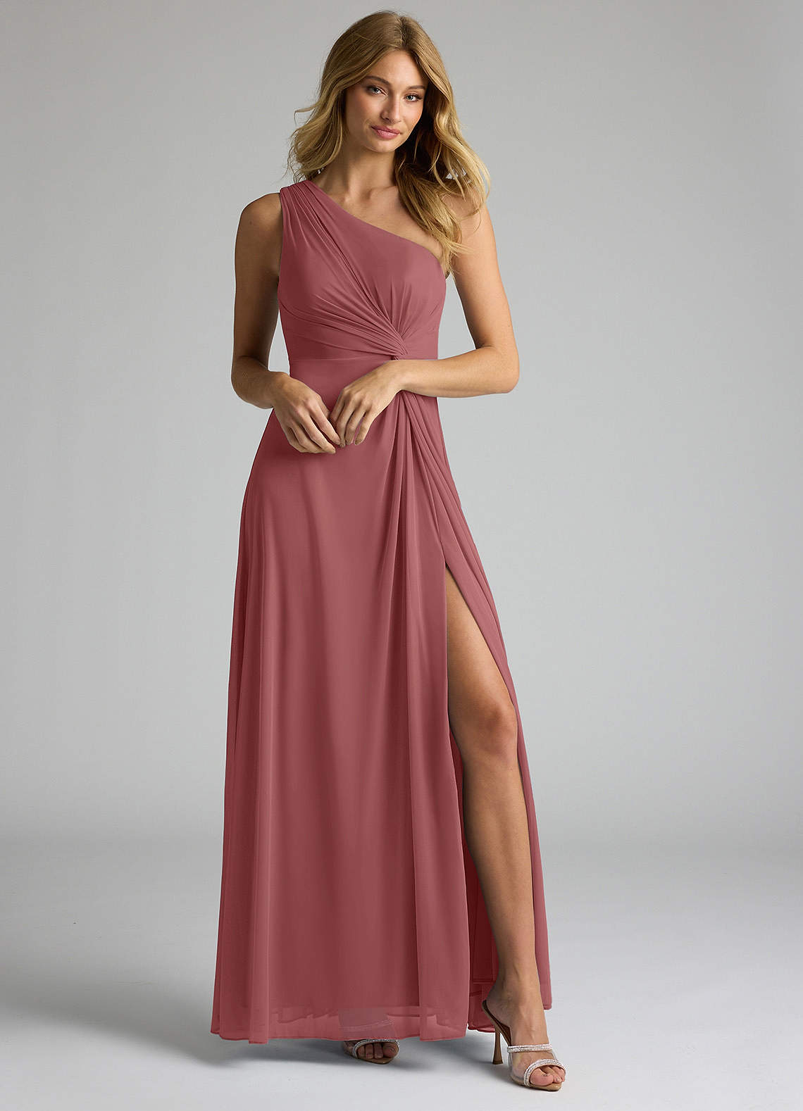 Azazie Brooke Bridesmaid Dresses Amethyst A-Line One Shoulder Mesh Dress image1