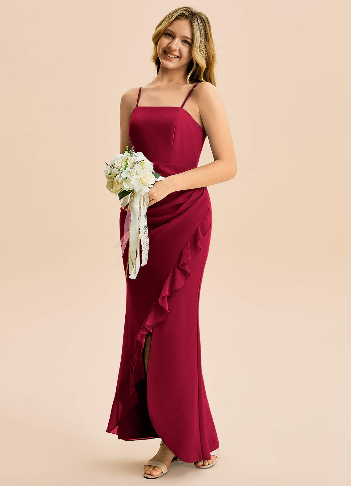 Azazie Buzzy Junior Burgundy Sheath Pleated Chiffon Dress image2