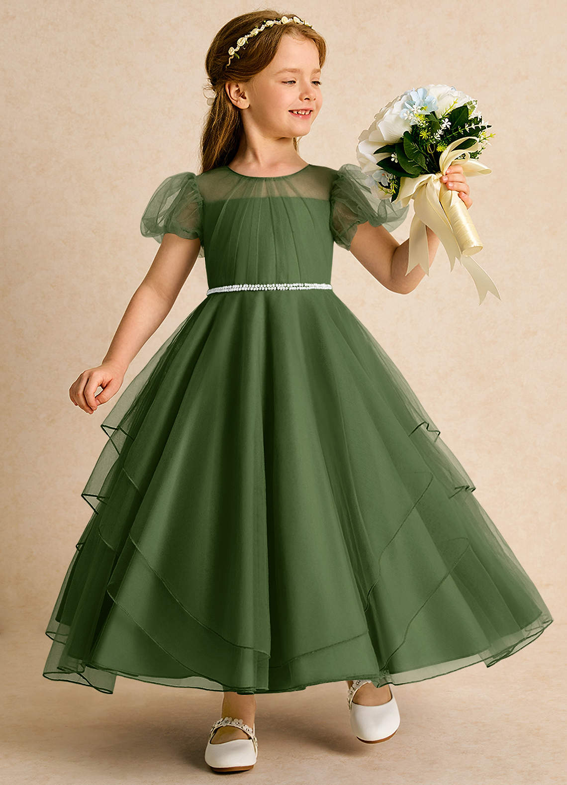 Azazie Duckie Abiti da Ragazza di Fiori Abito Principessa in Tulle Plissettato Oliva image1