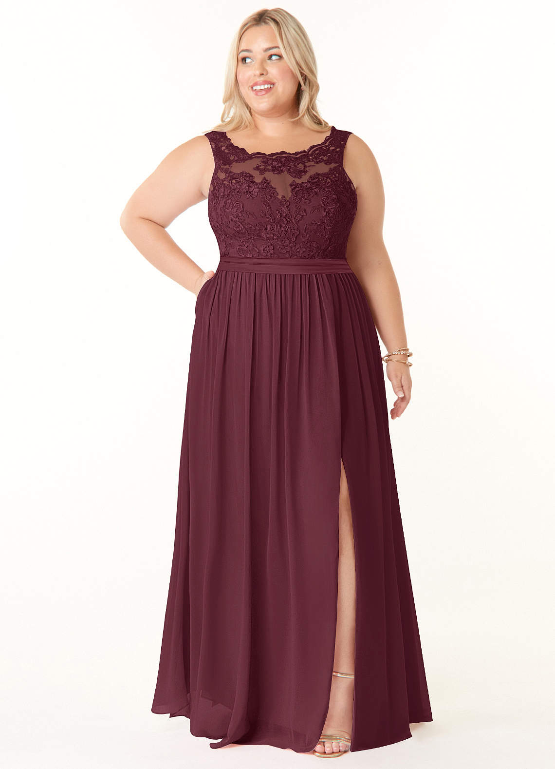 Azazie Elly Bridesmaid Dresses Cabernet A-Line Lace Scoop Neck Chiffon Dress image1