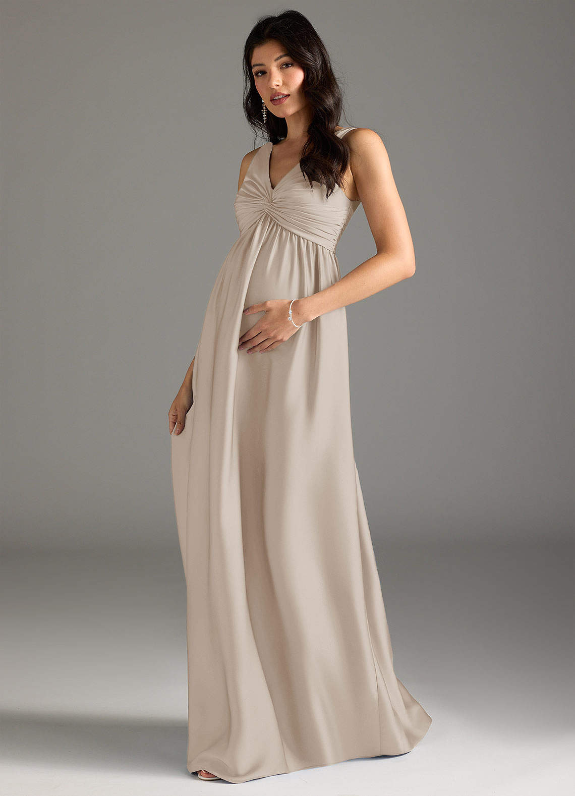 Azazie Yetta Maternity Bridesmaid Dresses A-Line Pleated Stretch Satin Floor-Length Dress image1