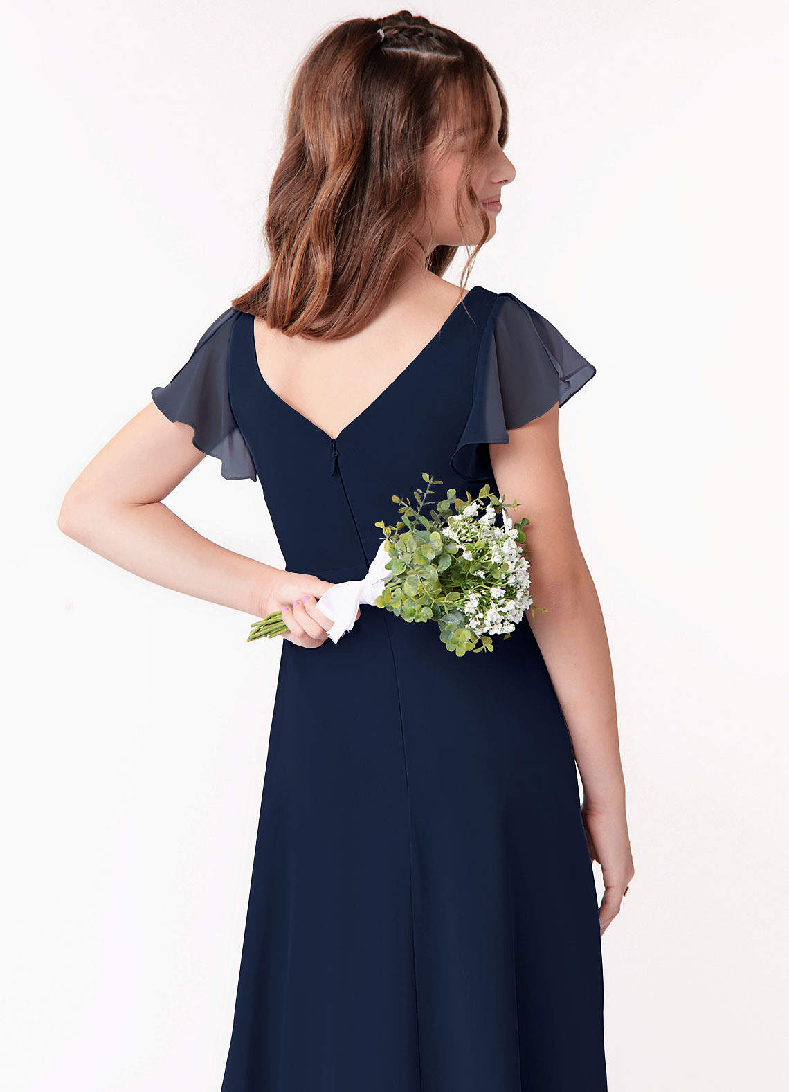 Azazie Omari Junior Dark Navy A-Line Ruched Chiffon Dress image2