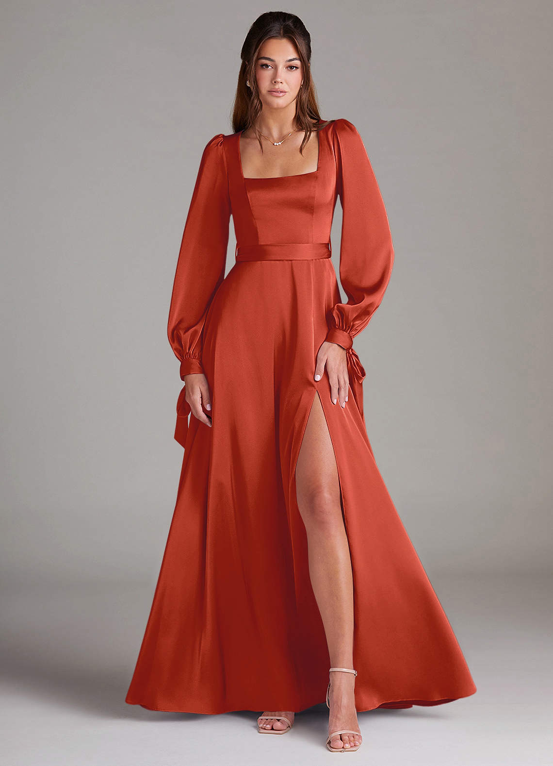 Azazie Leonia Rust Stretch Satin Bridesmaid Dresses | Azazie