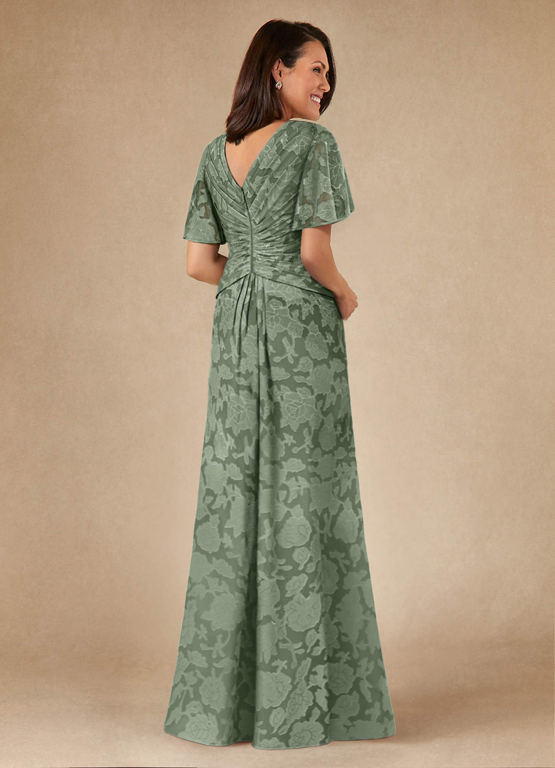 Azazie Emmeline Mother of the Bride Dresses Matcha A-Line Pleated Floral Burnout Dress image1