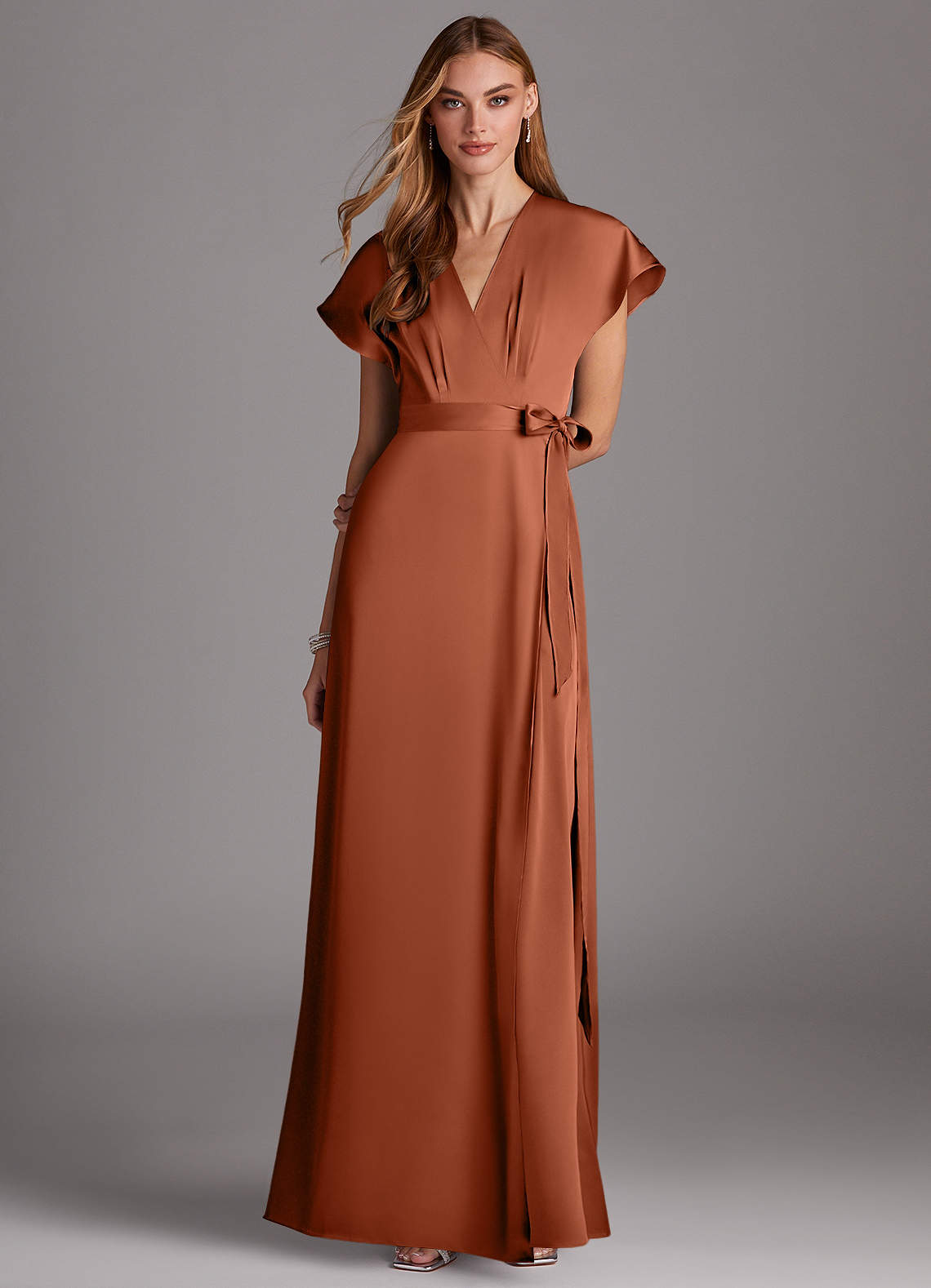 Azazie Nico Jurken voor bruidsmeisjes Jurk van Stretch Satijn met A-Lijn V-hals Ceder Roos image1