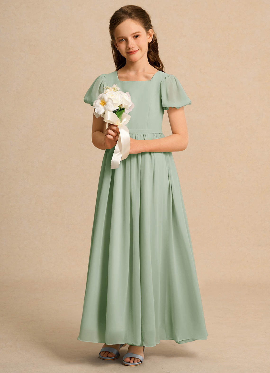 Azazie Joss Blomsterpigekjoler En streg med ærmer Chiffon Ankel-længde Kjole image11