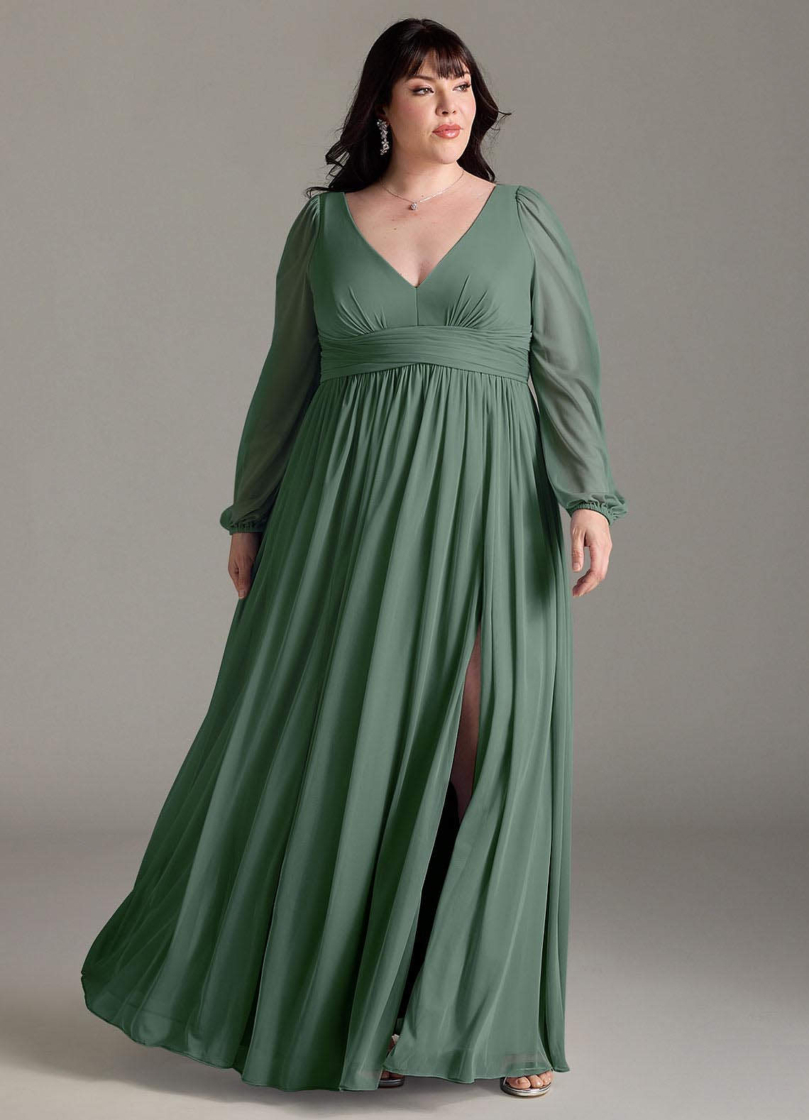 Azazie Norah Bridesmaid Dresses Eucalyptus A-Line V-Neck Long Sleeve Chiffon Dress image5