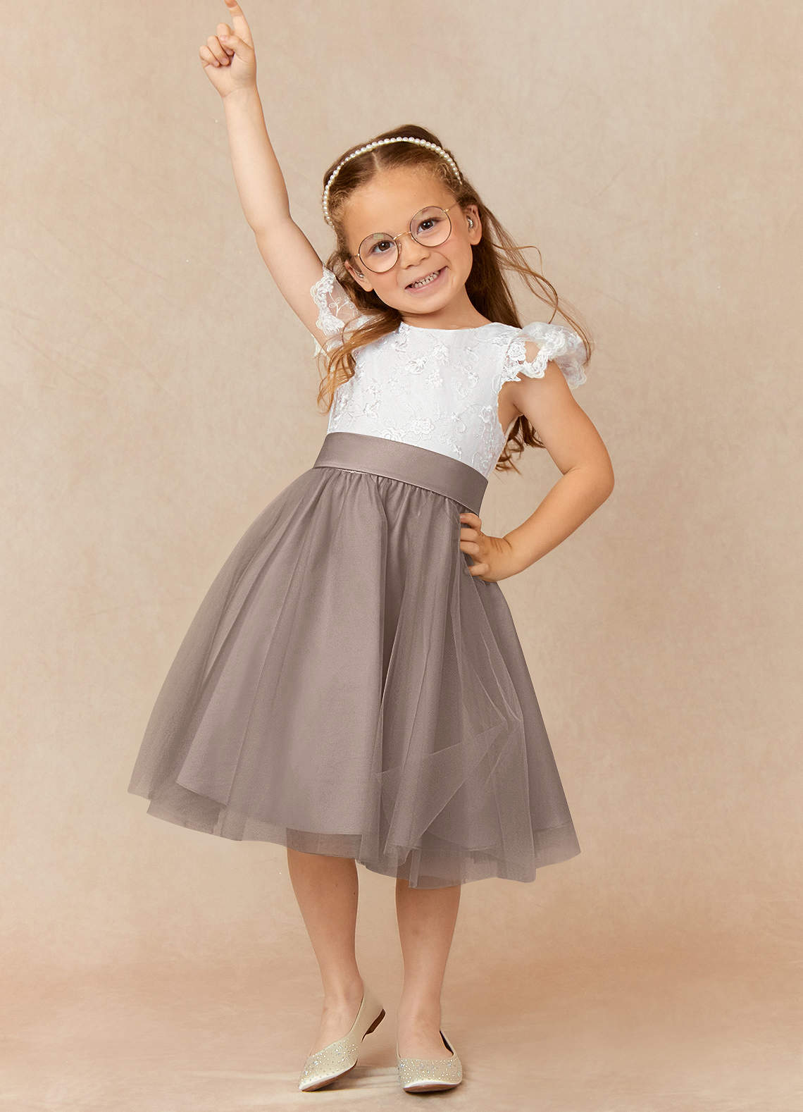 Azazie Vetty Flower Girl Dresses Ivory Taupe A-Line Lace Tulle Dress image1