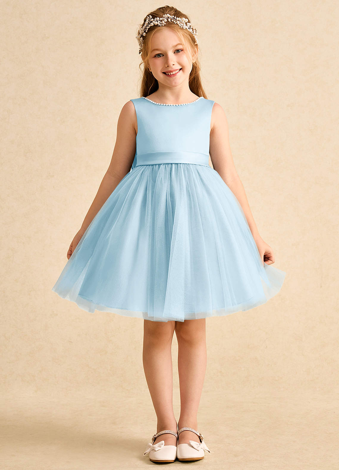 Azazie Jani vestidos de niña de las flores Vestido de Azul Cielo de Tul de Corte En A con Lazo image3