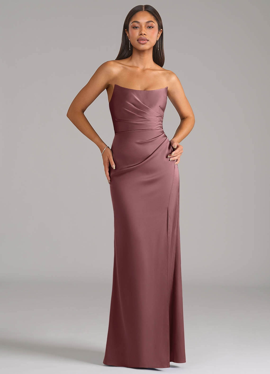 Azazie Marla Bridesmaid Dresses Vintage Mauve Sheath Strapless Stretch Satin Convertible Dress image1