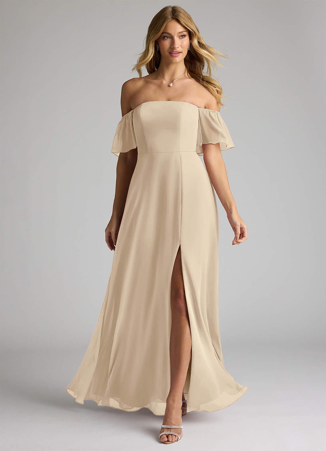 Azazie Sue Bridesmaid Dresses Champagne A-Line Off the Shoulder Chiffon Convertible Dress image1