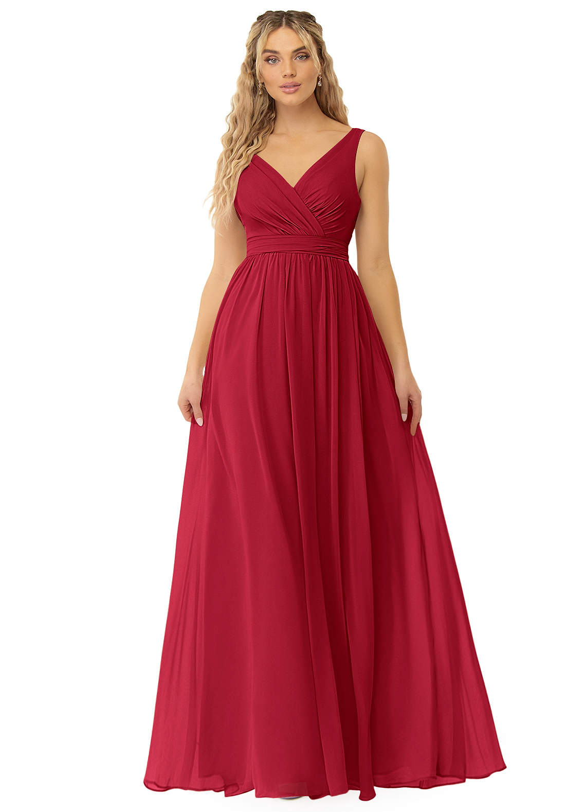 Azazie Kora Robes de demoiselle d'honneur Robe Trapèze en Mousseline de soie Plissée Écarlate image1
