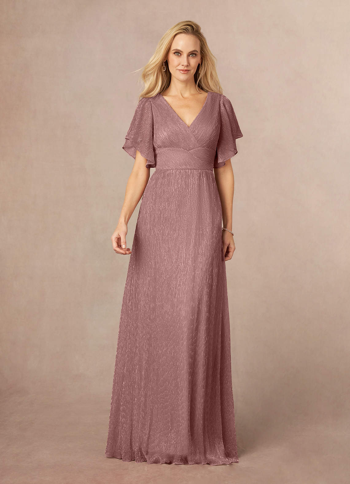 Azazie Kathryn Mother of the Bride Dresses Dusty Rose A-Line V-Neck Flutter Sleeve Metallic Mesh Dress image1