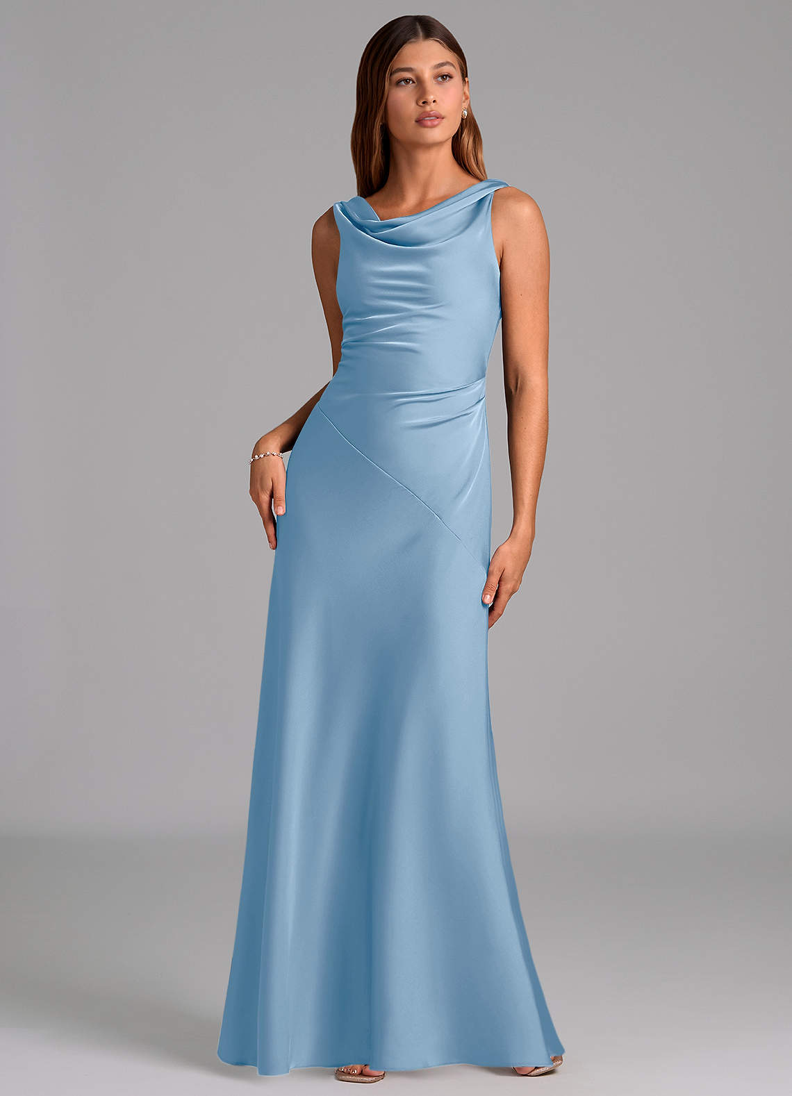 Azazie Nerine Bridesmaid Dresses Powder Blue A-Line Pleated Stretch Satin Dress image2