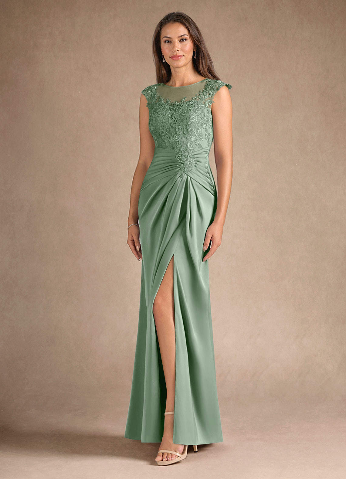 Azazie Santa Barbara Mother of the Bride Dresses Matcha Sheath Pleated Stretch Satin Dress image1