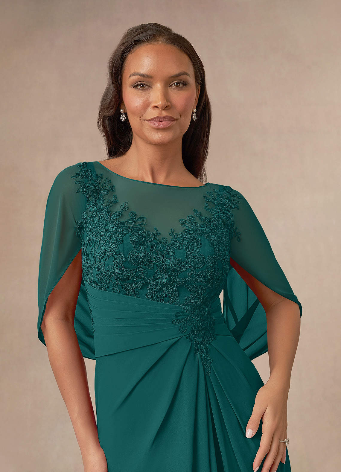 Azazie Hera Mother of the Bride Dresses Peacock A-Line Lace Capelet Chiffon Dress image4