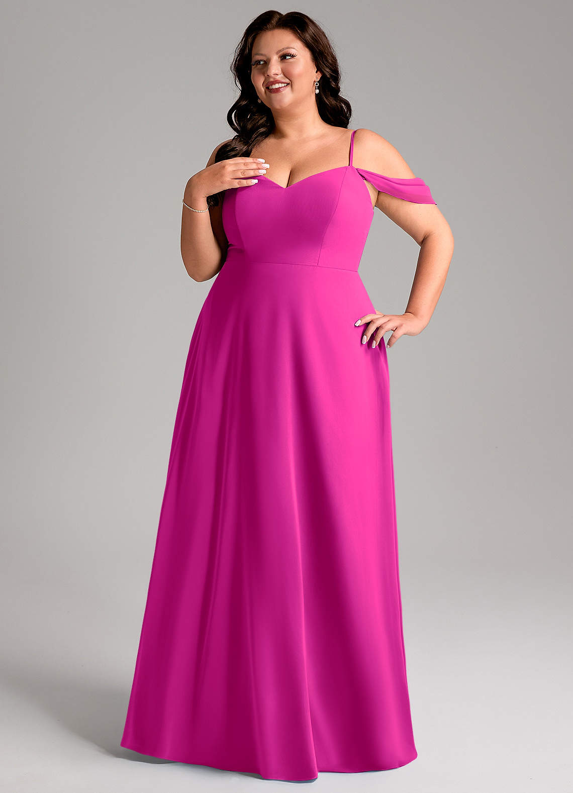 Azazie Marley Vestidos de madrinha de casamento Vestido Fúcsia de Chiffon de Linha A com Ombros Caídos image13