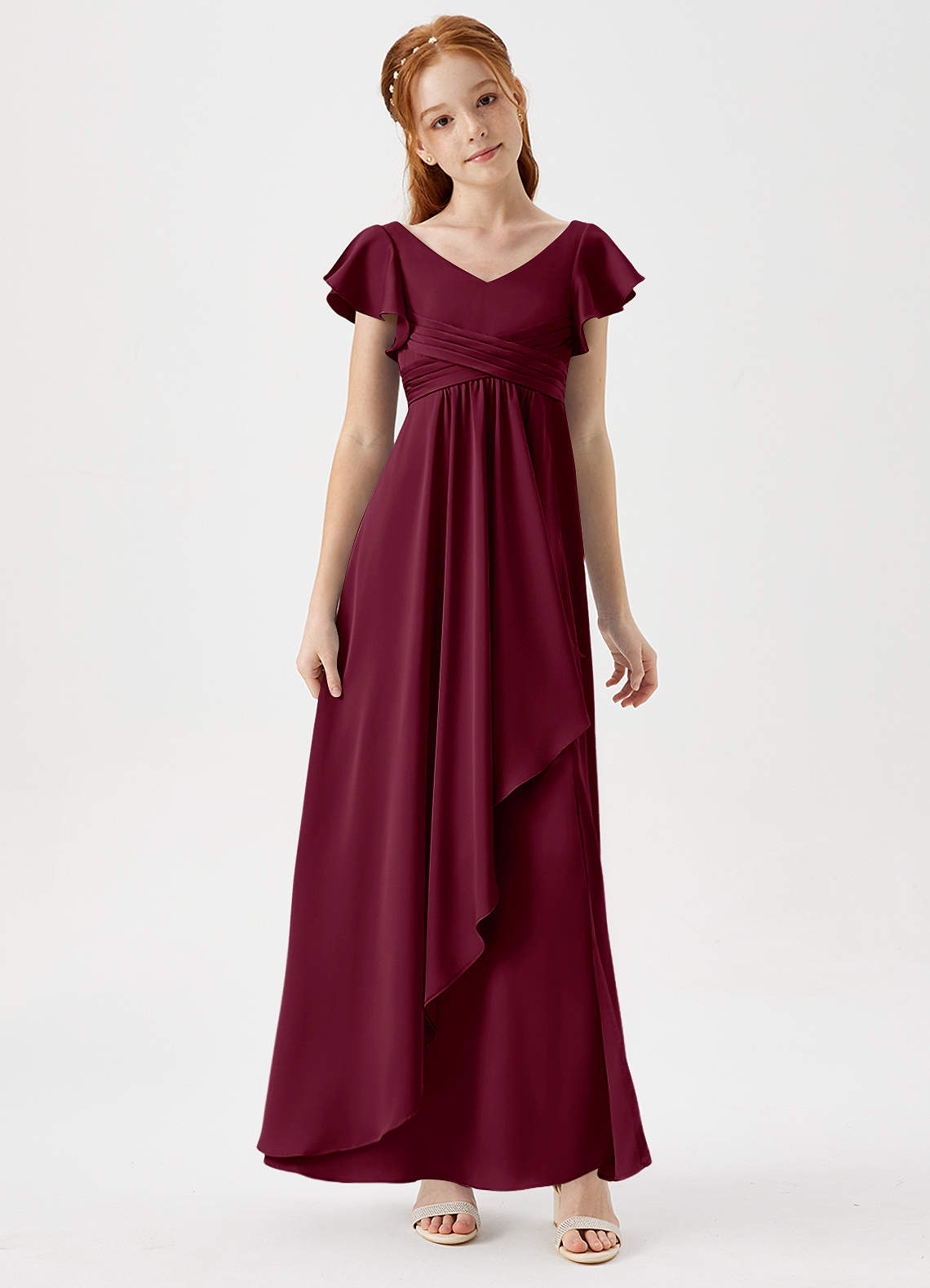 Azazie Omari Junior Mulberry A-Line Pleated Stretch Satin Dress image1