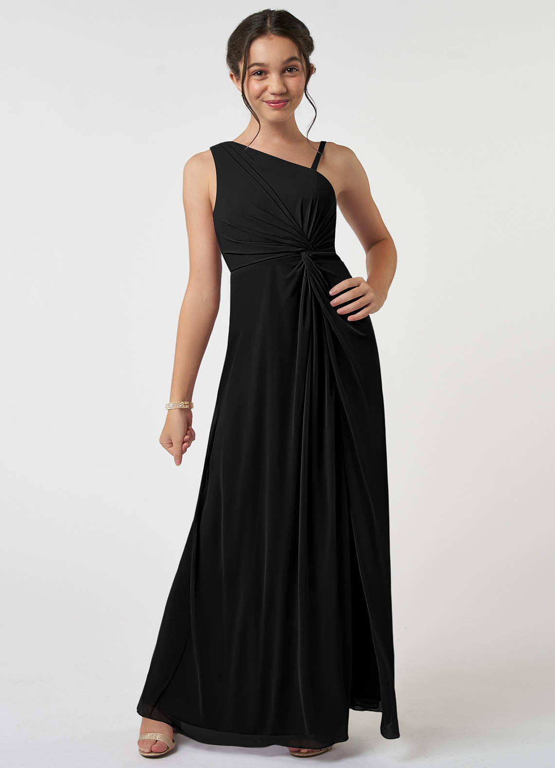 Azazie Brooke Junior Abito A-Line in Maglia Plissettato Nero image1