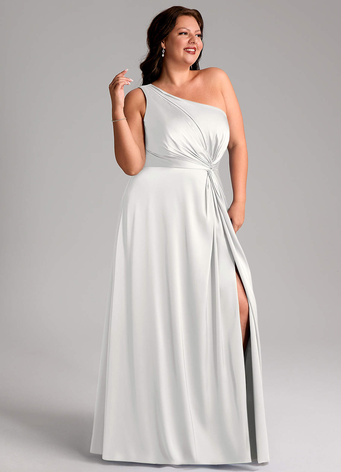 Azazie Brooke Vestidos de madrinha de casamento Vestido Branco de Cetim elástico de Linha A com Um ombro image11