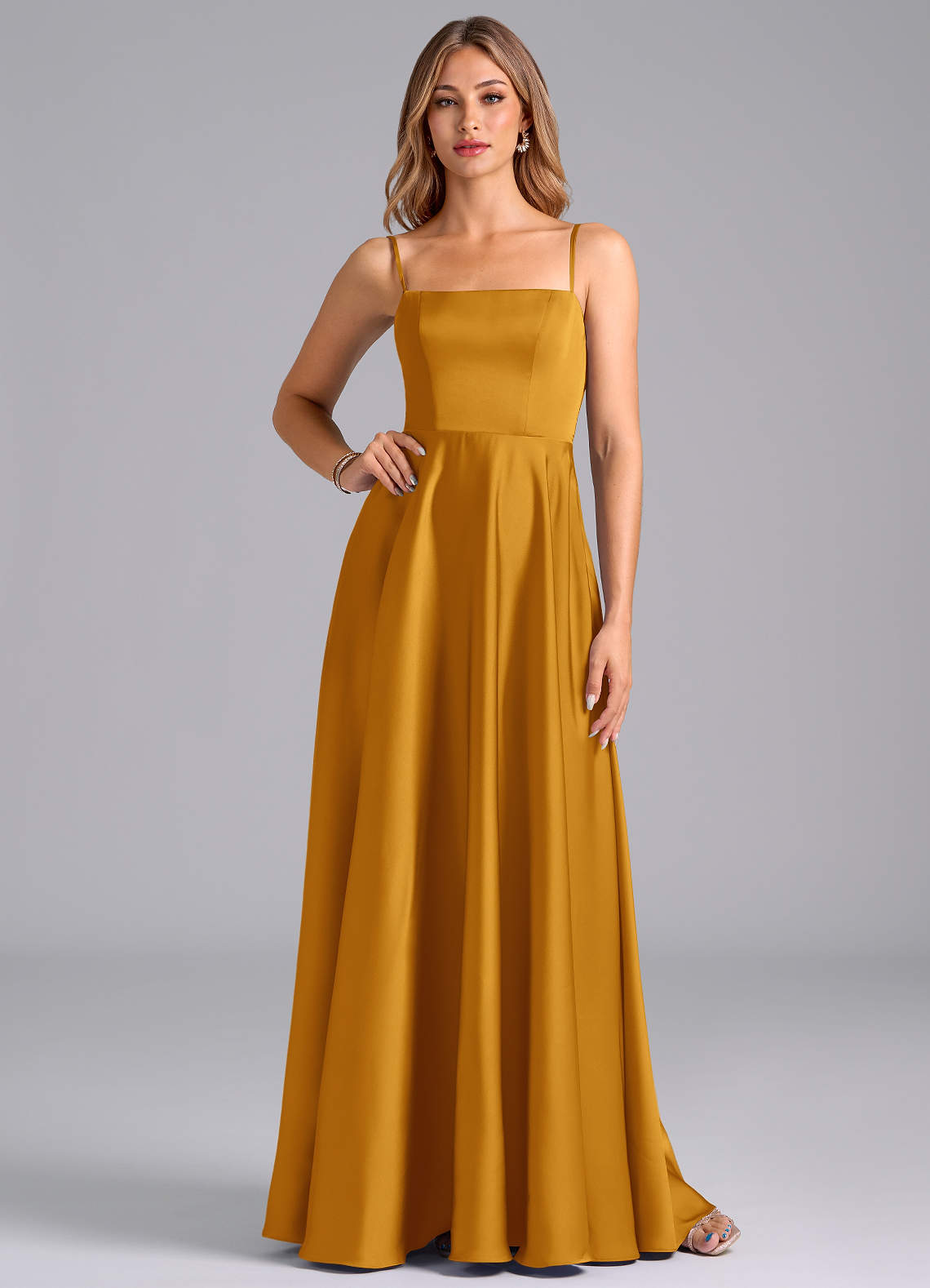 Azazie Elita Bridesmaid Dresses Butterscotch A-Line Pleated Stretch Satin Dress image1