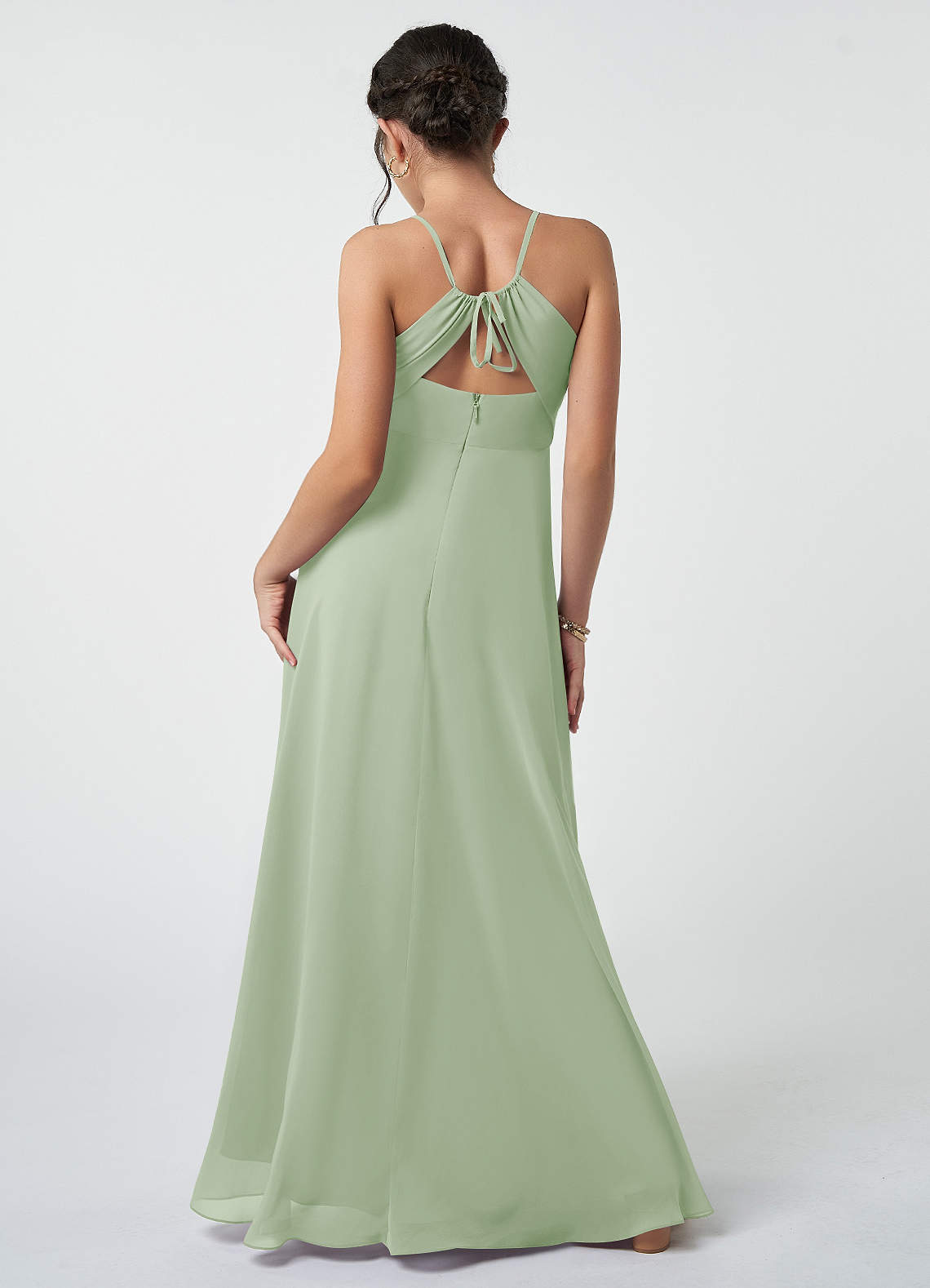 Azazie Avelina Junior Dusty Sage A-Line Pleated Chiffon Dress image2
