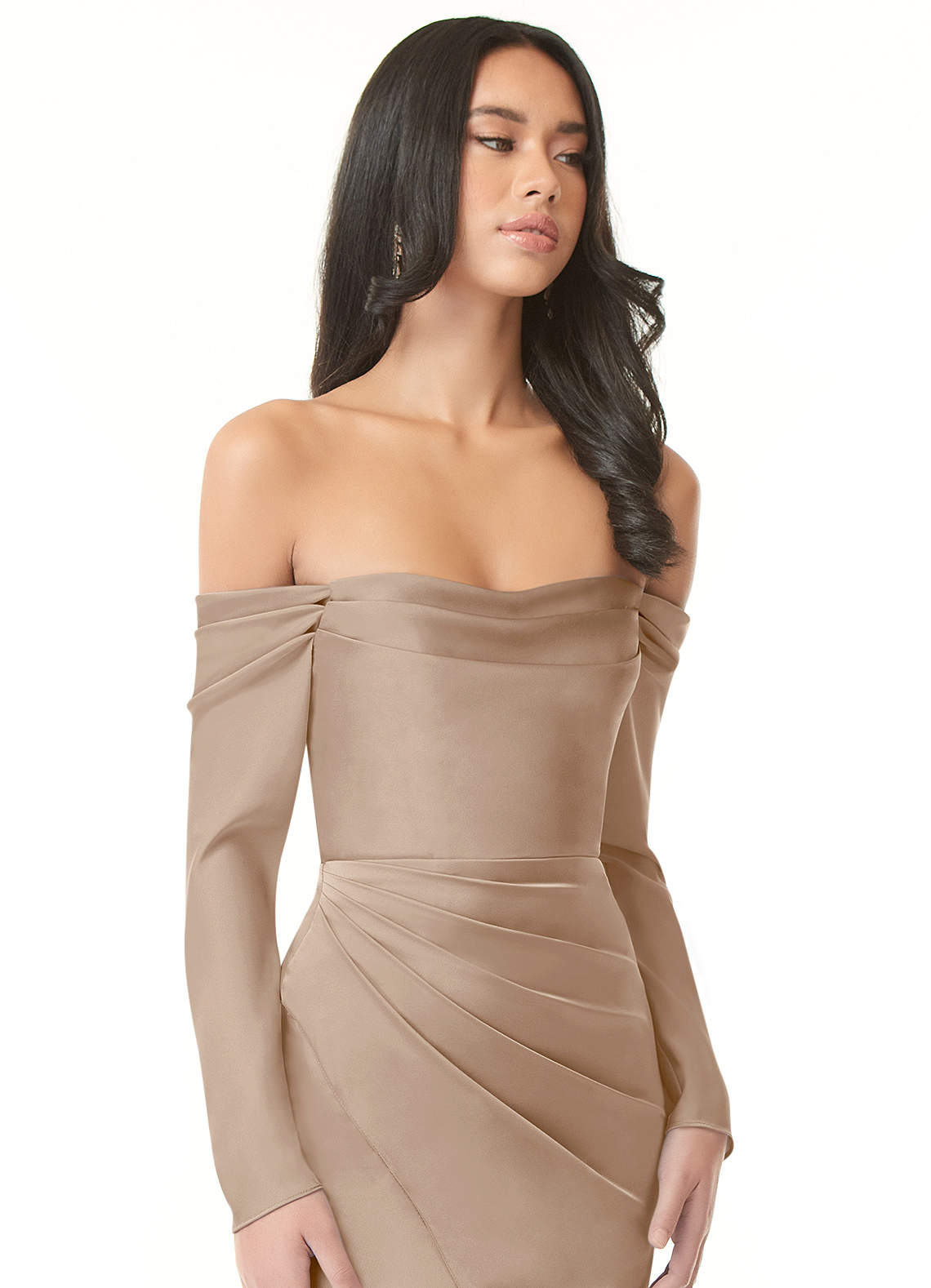 Azazie Hallie Bridesmaid Dresses Taupe Sheath Off-The-Shoulder Long Sleeve Stretch Satin Convertible Dress image1