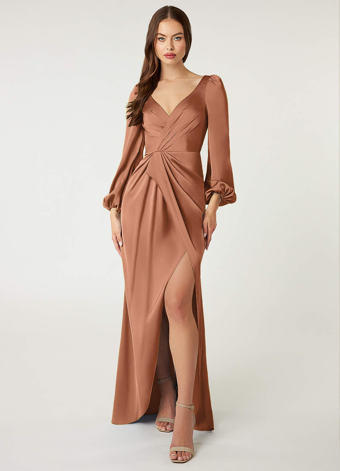 Azazie Mel Bridesmaid Dresses Bronzer Sheath Long Sleeve Stretch Satin Dress image1