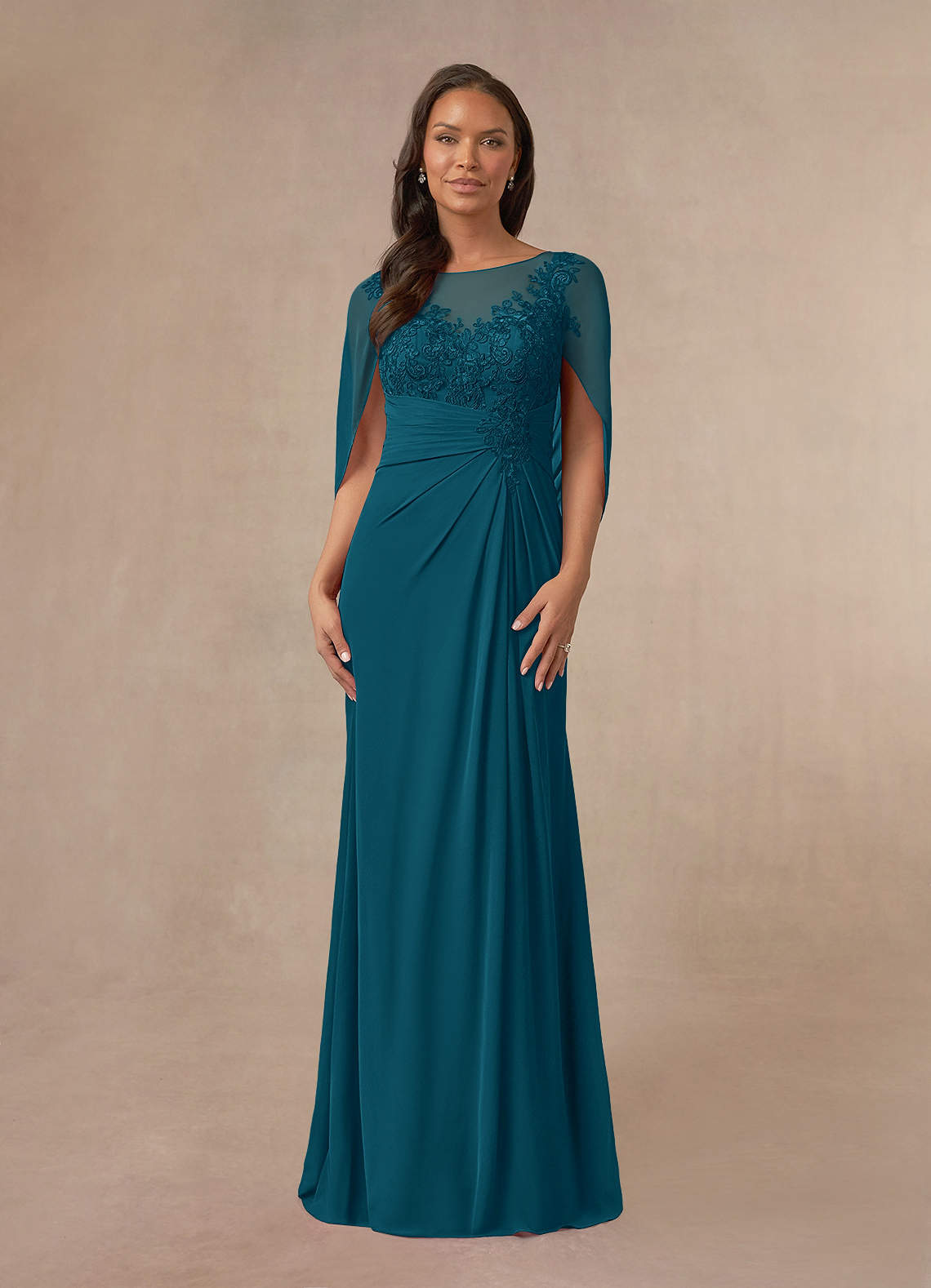 Azazie Hera Mother of the Bride Dresses Ink Blue A-Line Lace Capelet Chiffon Dress image1