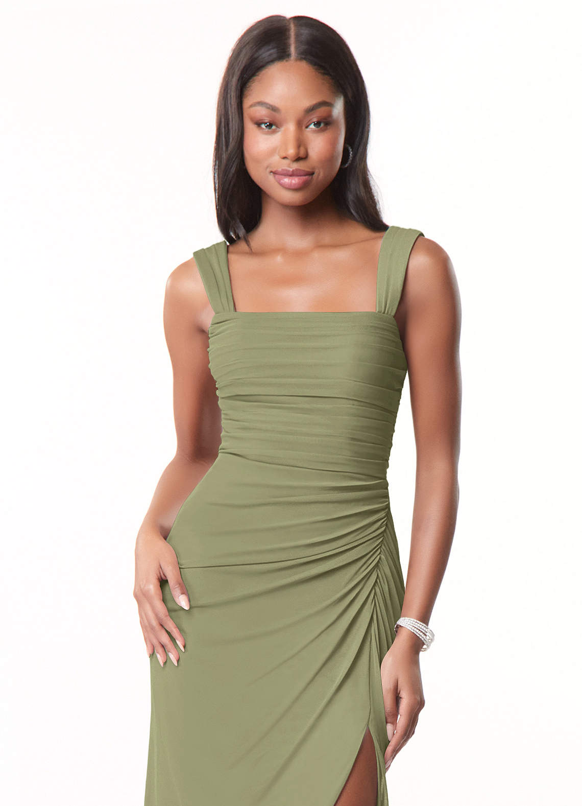 Azazie Jesaphine Bridesmaid Dresses Pistachio Sheath Ruched Mesh Dress image1