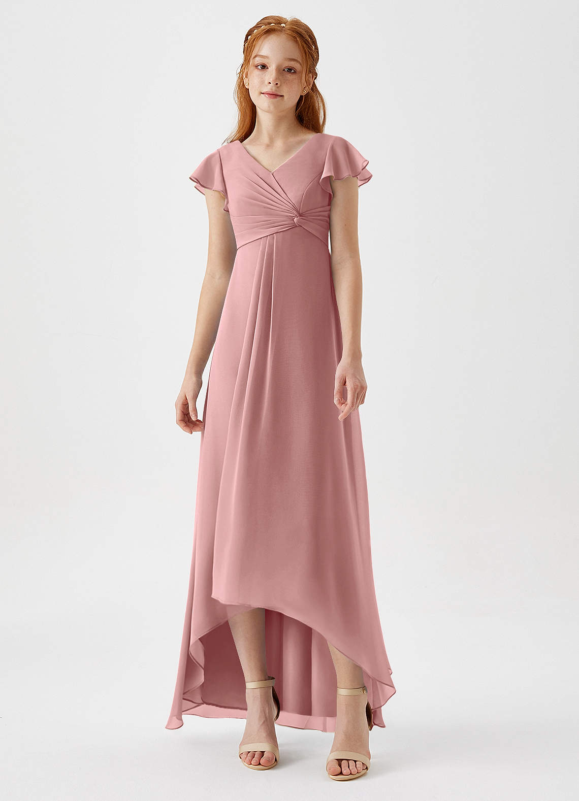 Azazie Breanne Junior Vestido de Rosa Polvorienta de Gasa de Corte En A image3