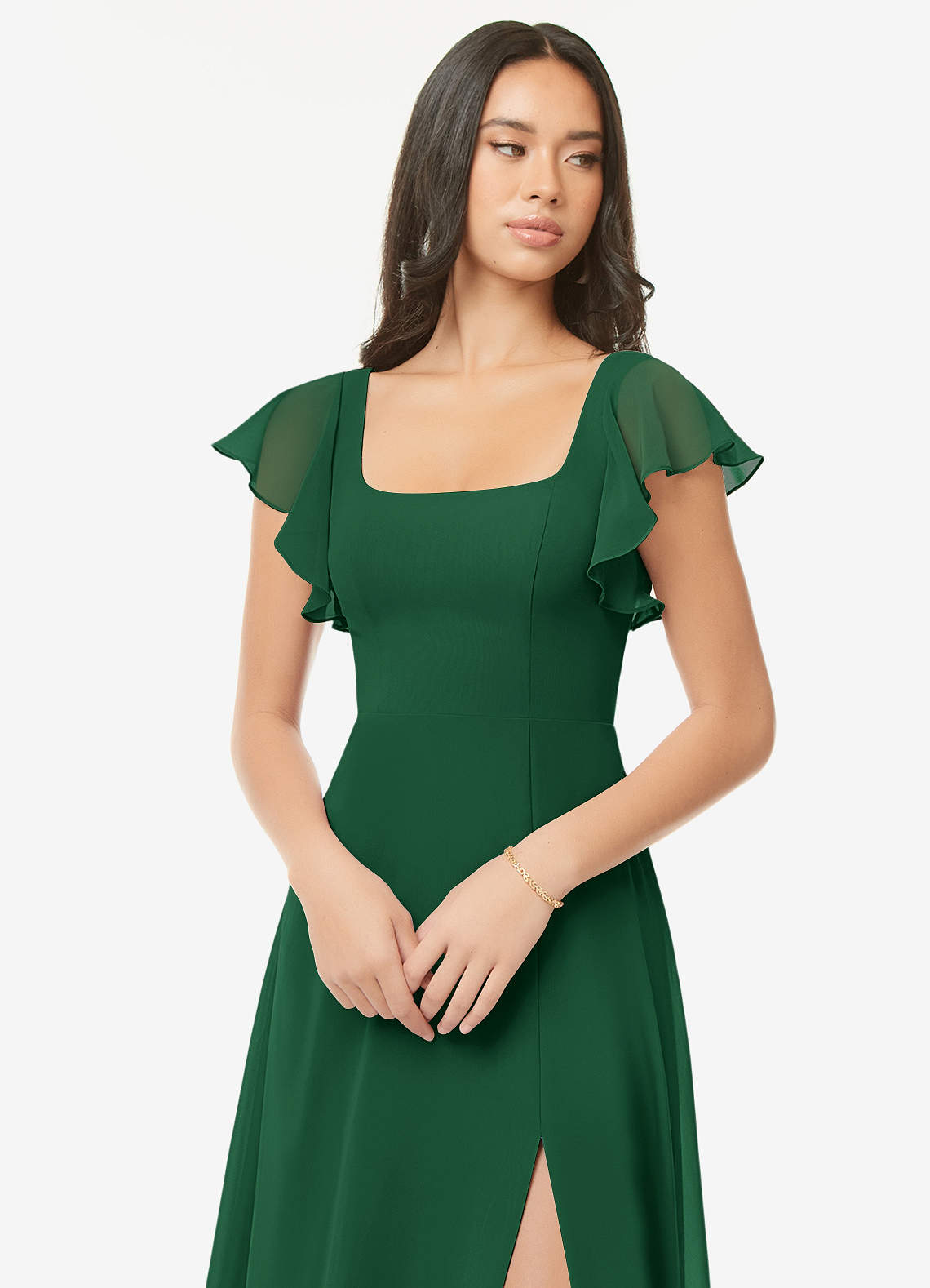 Azazie Bondi Bridesmaid Dresses Dark Green A-Line Ruffled Chiffon Dress image5