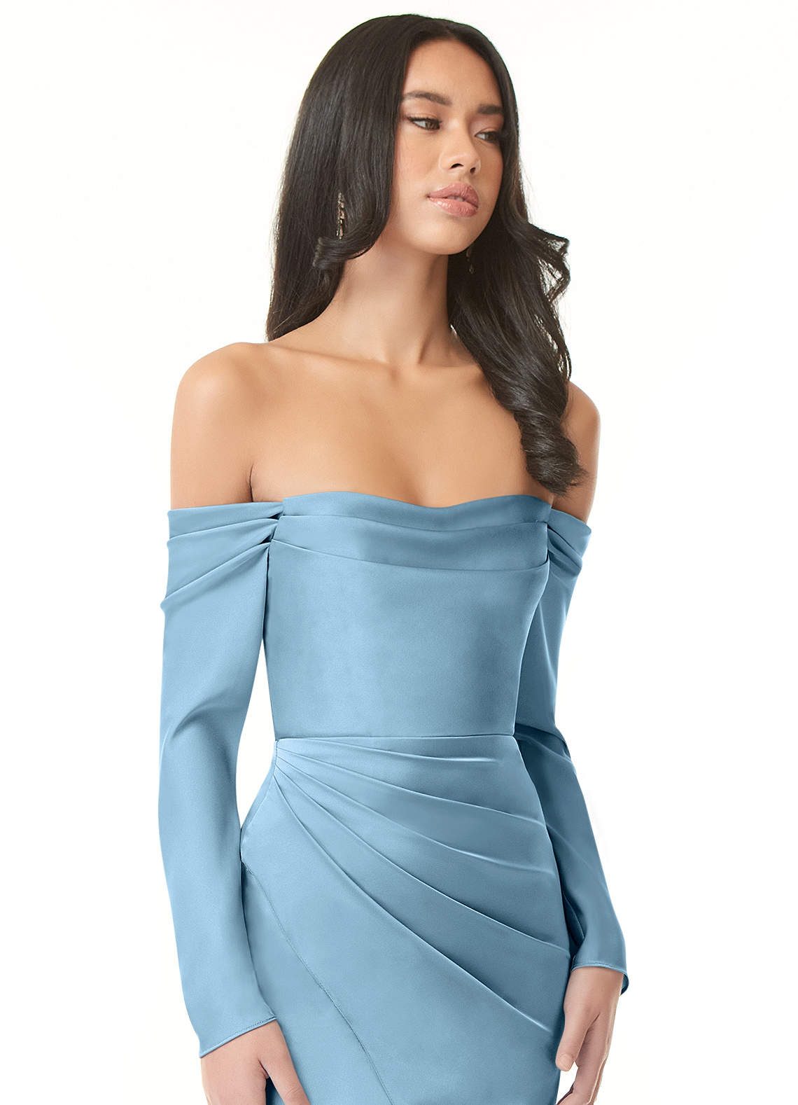Azazie Hallie Vestidos de damas de honor Vestido de Azul Acero de Satén Elástico de Corte Recto Convertible con Manga larga con hombros descubiertos image1