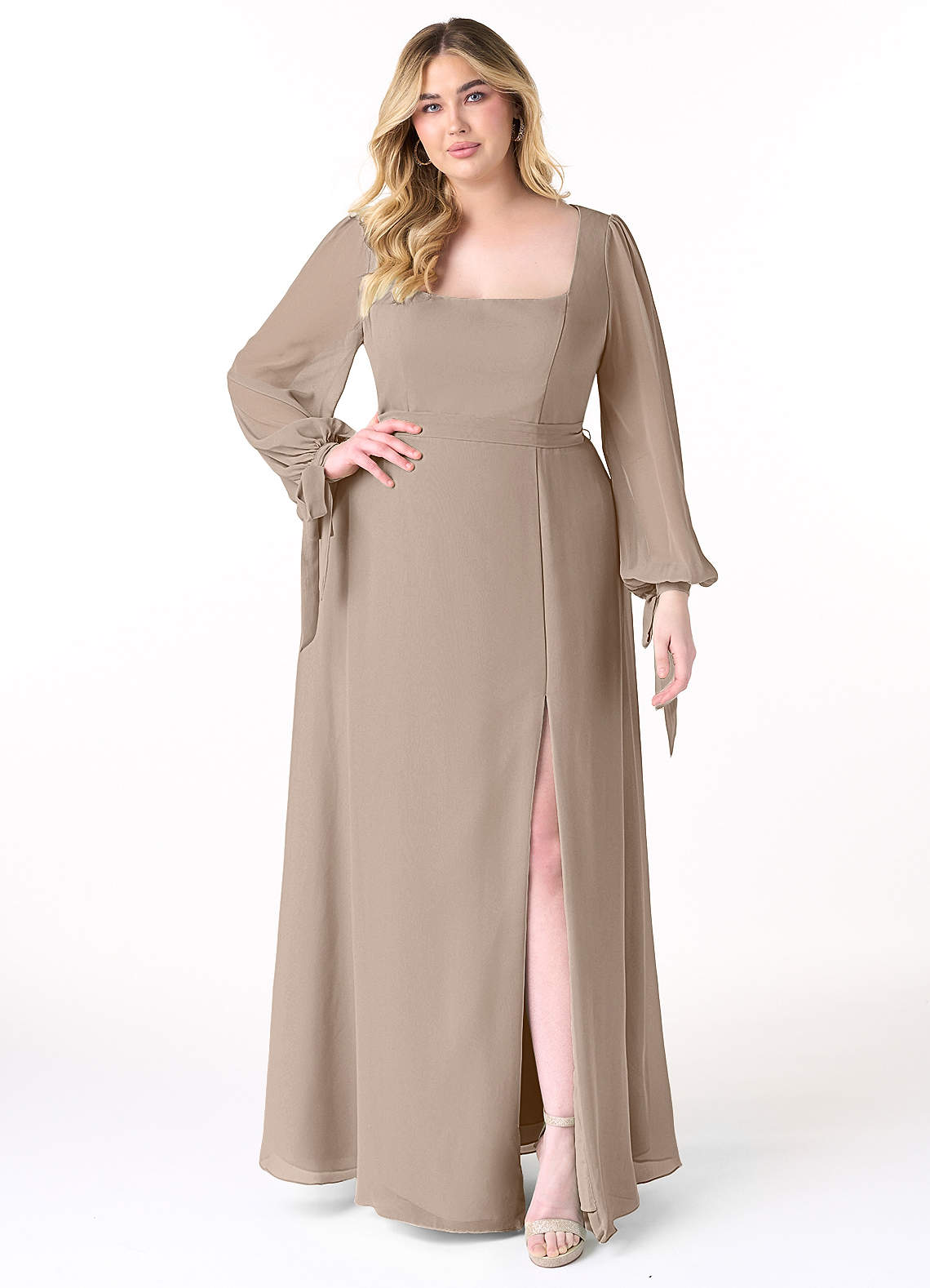 Azazie Leonia Brautjungfernkleider A-Linie Langarm Chiffon Kleid Taupe image1