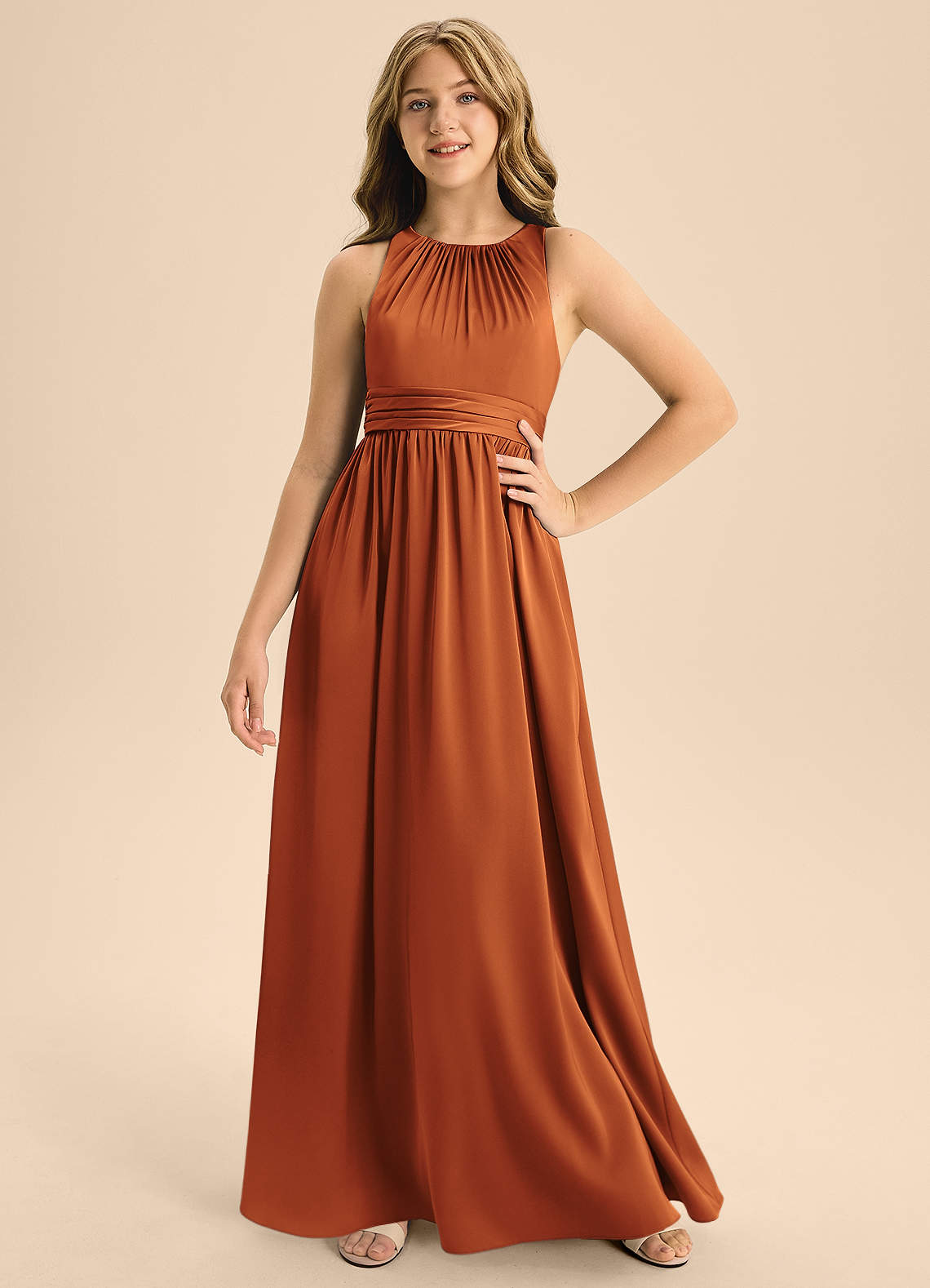 Azazie Jaylah Junior Cinnamon A-Line Pleated Stretch Satin Dress image1