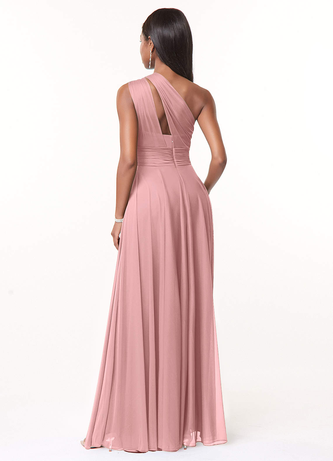 Azazie Charlize Vestidos de damas de honor Vestido de Rosa Polvorienta de Malla de Corte en A con Hombro unilateral image1