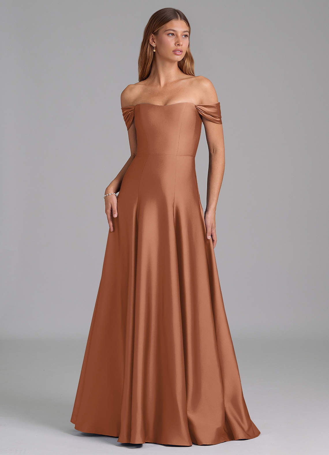 Azazie Seriana Bridesmaid Dresses Bronzer A-Line Off the Shoulder Stretch Satin Convertible Dress image1