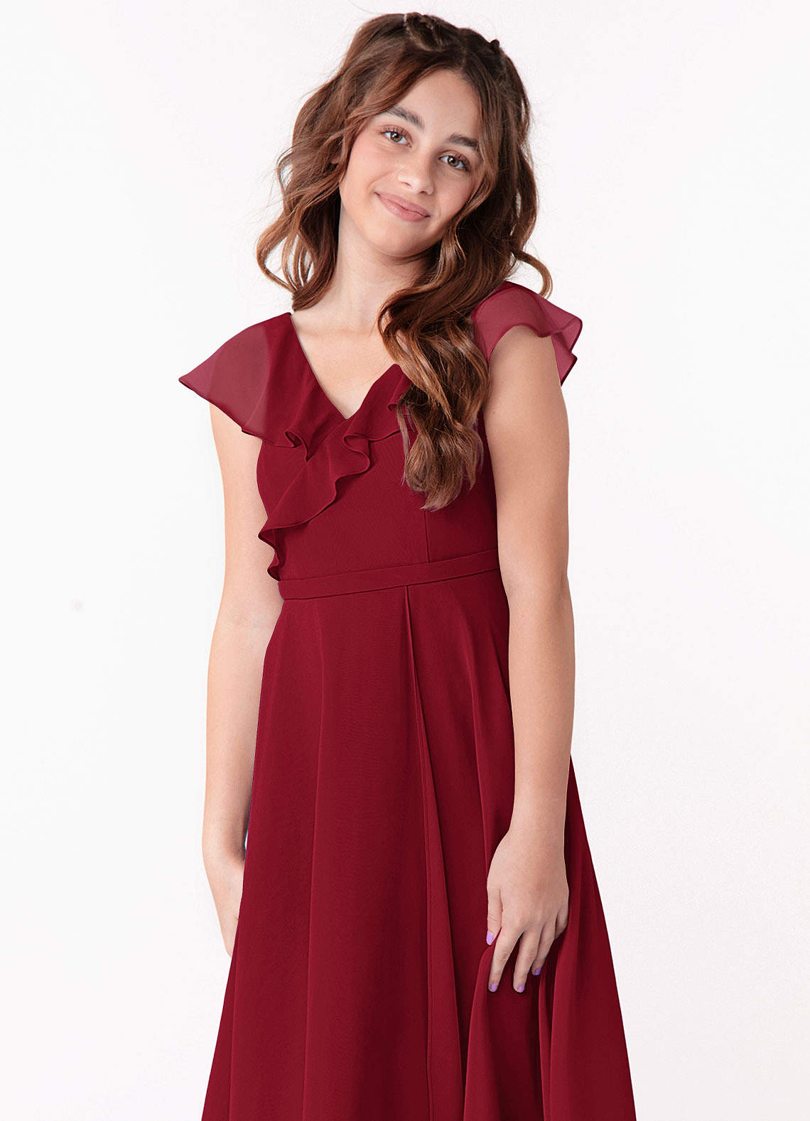 Azazie Posie Junior Burgundy A-Line Ruched Chiffon Dress image5