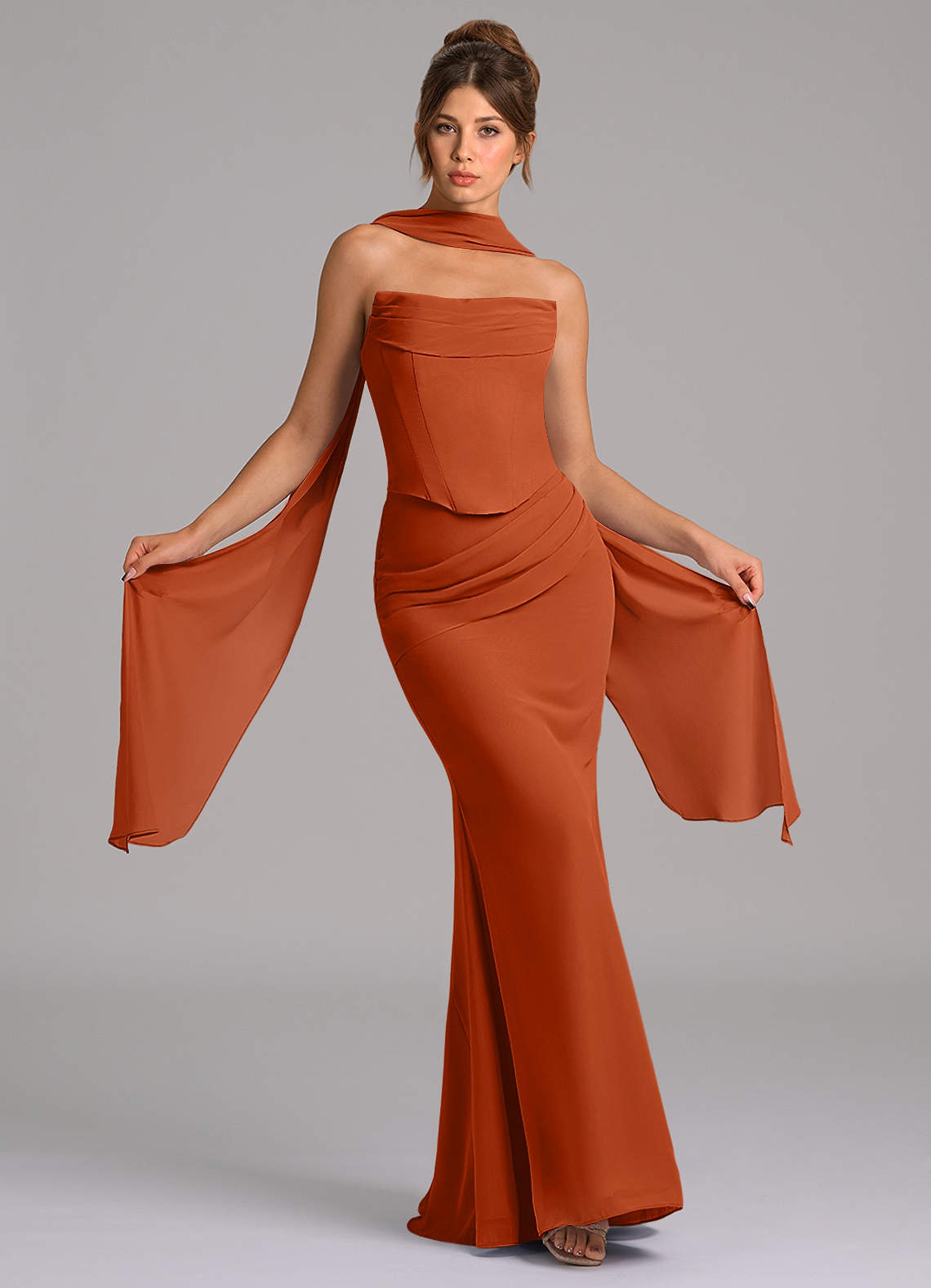 Azazie Sorrel Vestidos de damas de honor Vestido de Naranja Quemada de Gasa de Corte Sirena con Corsé image1
