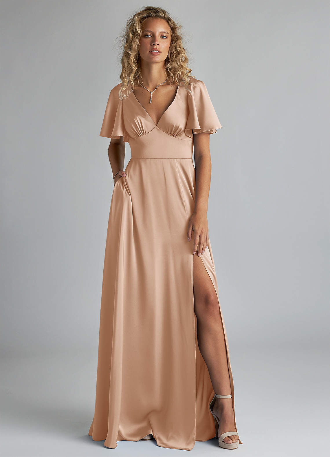 Azazie Kimber Bridesmaid Dresses English Rose A-Line Ruched Stretch Satin Dress image1