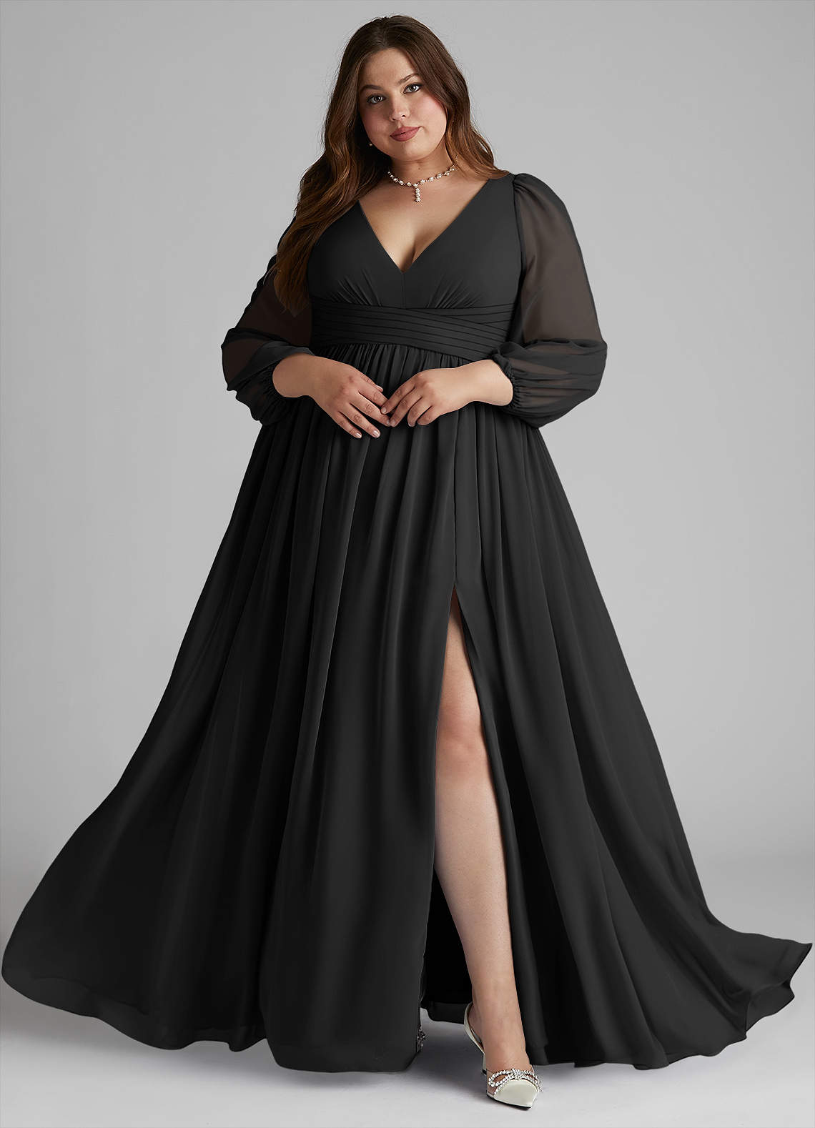 Azazie Norah Bridesmaid Dresses Black A-Line V-Neck Long Sleeve Chiffon Dress image7