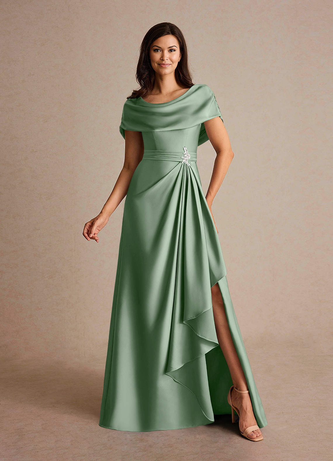 Azazie Branford Mother of the Bride Dresses Matcha A-Line Pleated Stretch Satin Dress image1