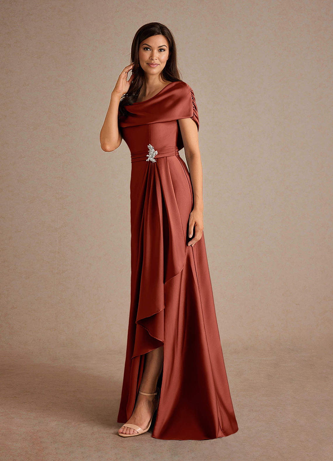 Azazie Everlyn Terracotta Sheath Pleated Stretch Satin Dress