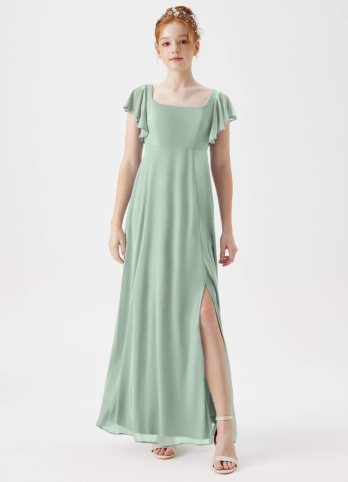 Azazie Bondi Junior A-Linie Seitliche Cut-Outs Gittergewebe Kleid Agave image1