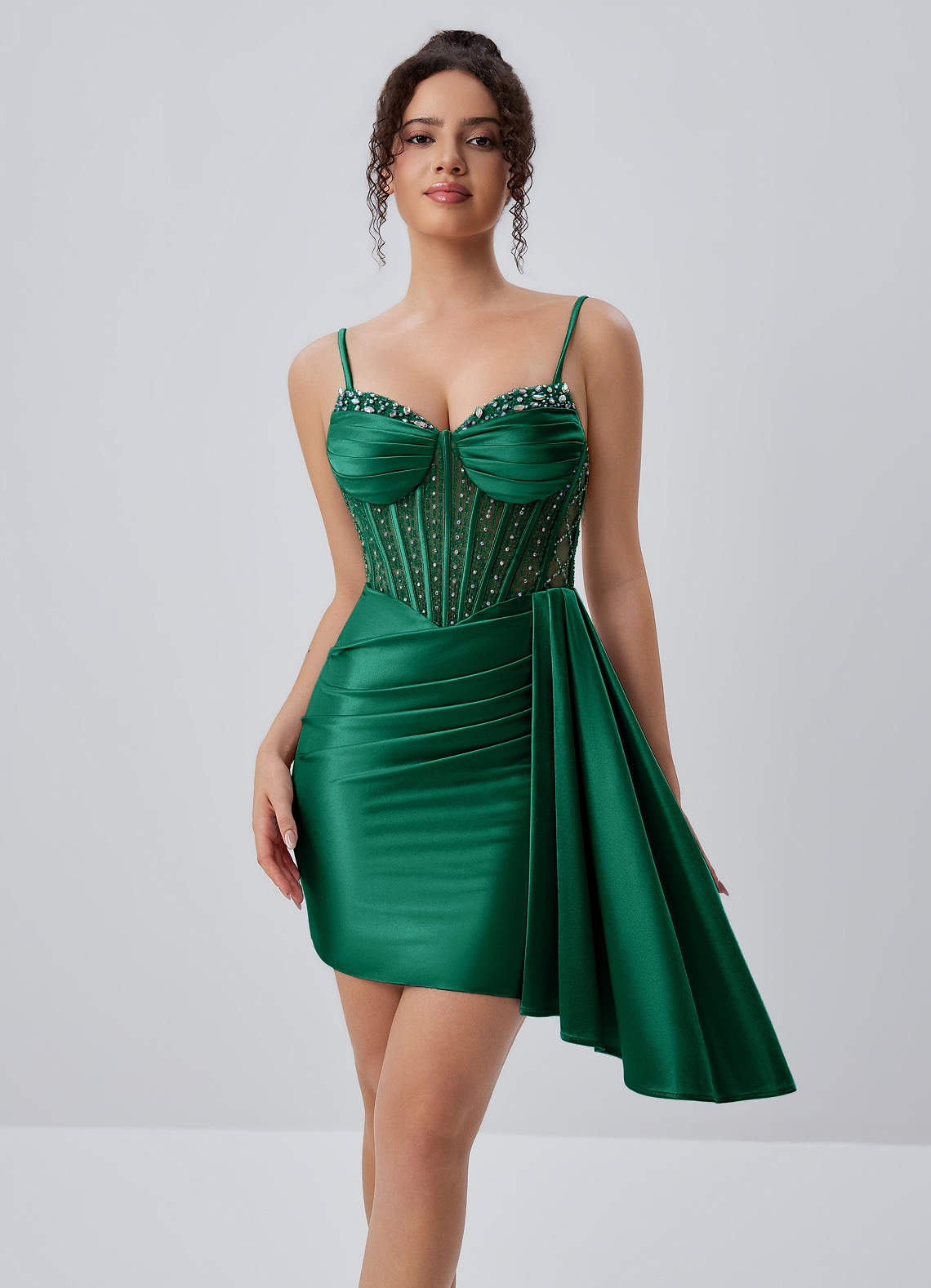 dark green satin mini dress Evlineaange Stretch Corset Beading Rhinestones Strapless mini Primary color:Blue - White Floral SID-FD13059CP112 Rachel Allan 70944 High-Low Short Length Neckline