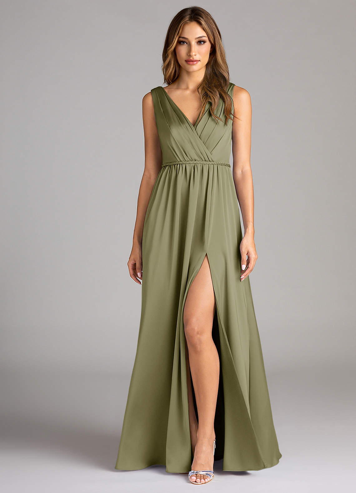 Azazie A-Line V-Neck Floor-Length Stretch Satin Bridesmaid Dresses - Pistachio
